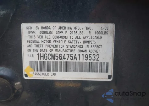 2005 Honda Accord 2.4 Lx from USA, damaged, VIN 1HGCM56475A119532